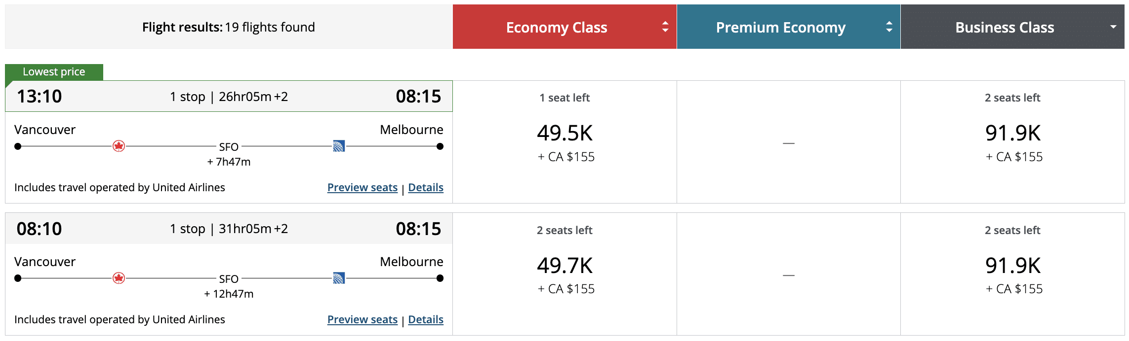United flights with Aeroplan to Australia